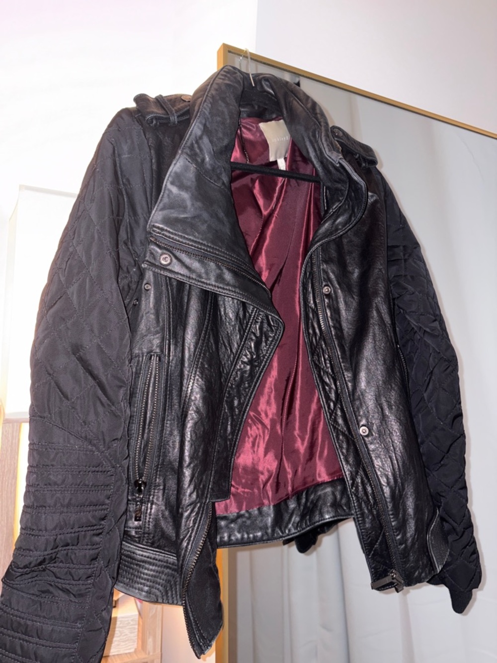 Ashley B Large Women's Black Quilted Sleeve Leather Moto Jacket